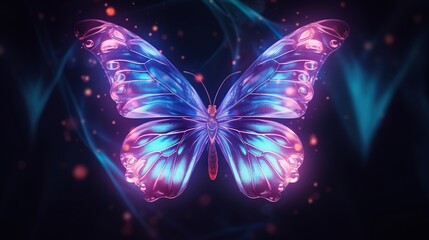 beautiful purple neon glowing butterfly illustration at black background, colorful magic wallpaper