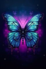 beautiful purple neon glowing butterfly illustration at black background, colorful magic wallpaper