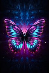 beautiful purple neon glowing butterfly illustration at black background, colorful magic wallpaper