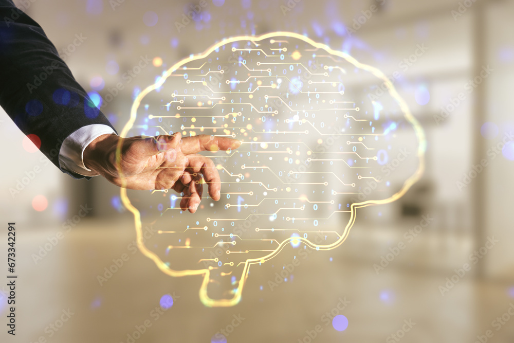 Poster man hand working with virtual creative artificial intelligence hologram with human brain sketch on b