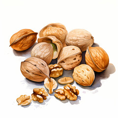 Walnuts cracked and uncracked nuts, watercolor illustration.