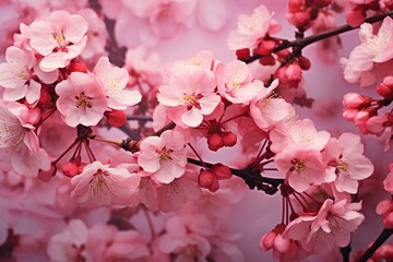 Beautiful pink flowers blooming on the branches of a cherry blossom tree. Generative AI