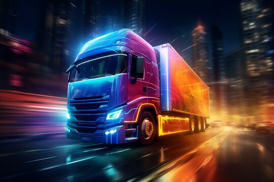 Speeding truck in a contemporary urban area with vibrant lighting. Generative AI