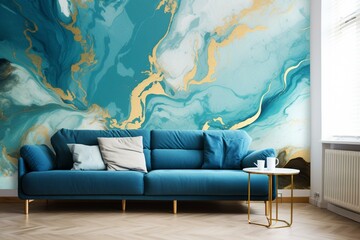 Abstract art with blue and turquoise hues, featuring marble swirls and agate ripples. Beautiful, organic wallpaper with golden powder. Generative AI