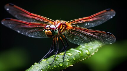 Macro Close-Up of a Dragonfly Resting on a Green Leaf