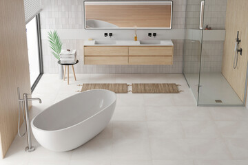 Modern bathroom interior with wooden decor in eco style. 3D Render	
