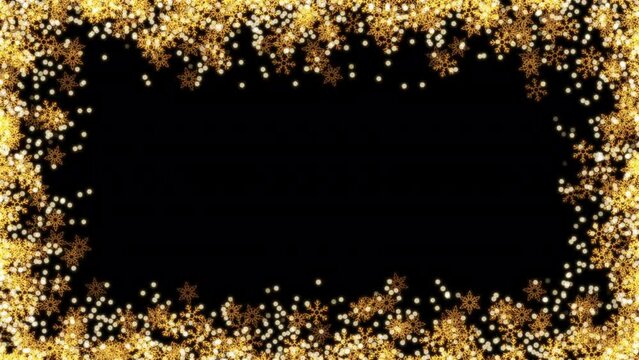 Christmas Greeting Frame. Frame in the form of a rectangle of moving white and yellow snowflakes on a black background. Background for congratulations. Looping seamless animation.