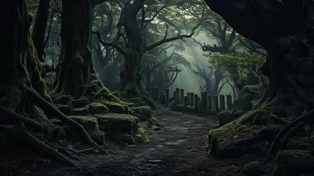 abandoned dense dark forest.