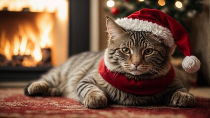 A Cat is Wearing a Santa Hat while Laying Down Near a Fireplace on a Carpet