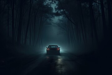 Driving along a dark and foggy forest road at night with car headlights breaking through the fog. - obrazy, fototapety, plakaty