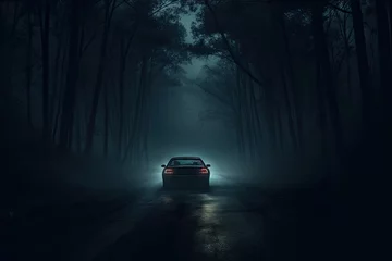 Foto op Canvas Driving along a dark and foggy forest road at night with car headlights breaking through the fog. © Iryna