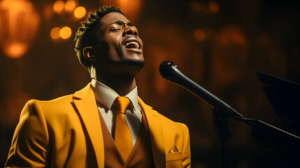 Man on stage and singing into microphone on colored background shot