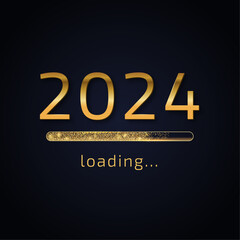 Progress bar with golden particles on dark background. New Year's Eve. Loading animation screen with Glitter confetti shows almost reaching 2024. Creative festive banner with shiny progress bar