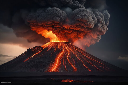 volcano eruption with massive high bursts of lava and hot clouds soaring high into the sky, pyroclastic flow in asia