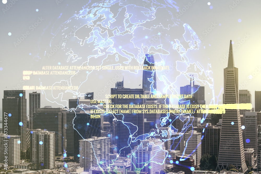 Aufkleber double exposure of abstract creative programming illustration and world map on san francisco office 