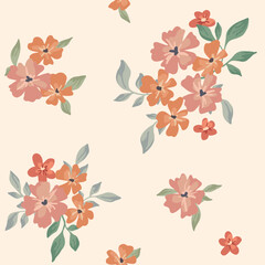 Seamless floral pattern, cute ditsy print with folk, rustic motif. Delicate botanical design: small hand drawn flowers, tiny leaves, simple bouquets on a white background. Vector illustration.