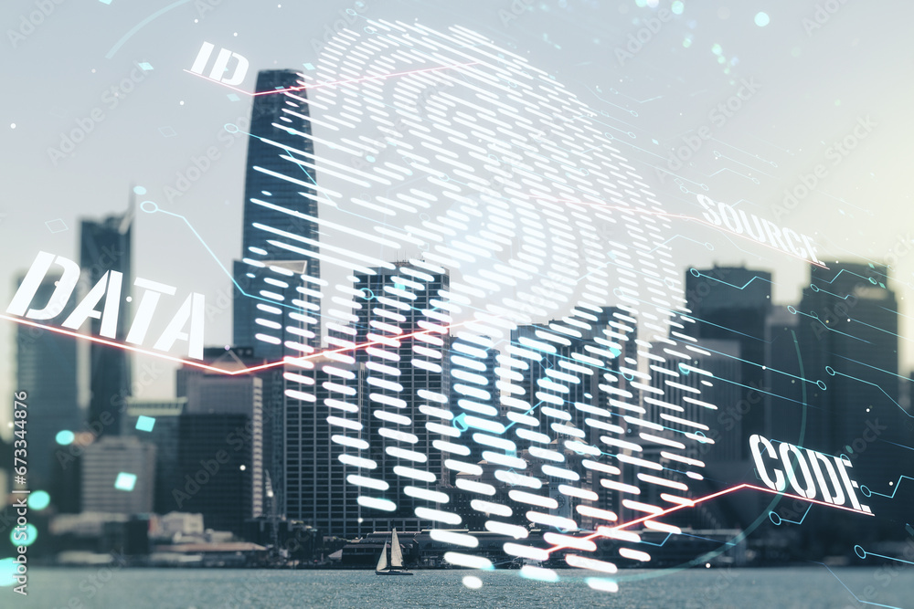 Poster Multi exposure of virtual fingerprint scan interface on San Francisco office buildings background, digital access concept