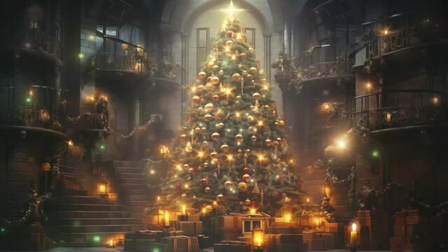 Christmas tree in classic architecture, cartoon or anime watercolor illustration video background