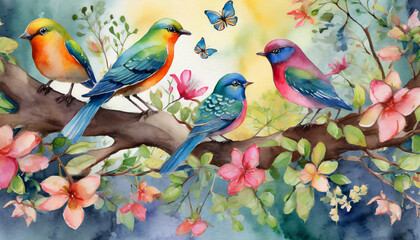 Watercolor painting pattern of colorful birds standing on tree branches with butterflies and beautiful flowers in a harmonious color
