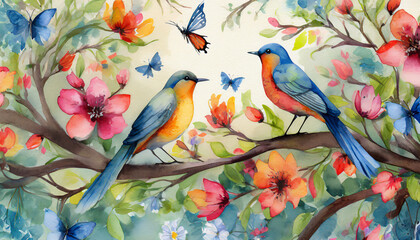 Watercolor painting pattern of colorful birds standing on tree branches with butterflies and...