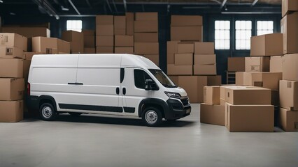 A white commercial transport truck with no lettering in the middle of cardboard boxes in a large warehouse. side view

