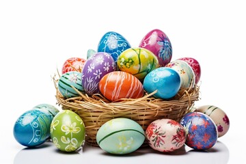 Colorful Easter basket with painted eggs on white background. Generative AI