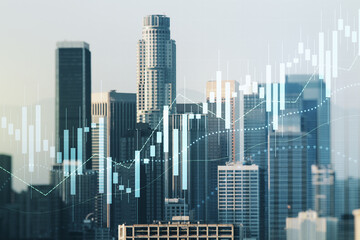 Multi exposure of virtual creative financial chart hologram on Los Angeles skyscrapers background,...