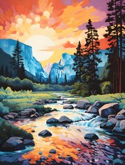 Painting of a serene landscape of Yosemite at sunset