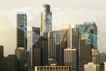 Multi exposure of abstract creative digital world map hologram on Los Angeles city skyline background, tourism and traveling concept