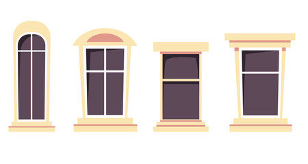 Window frame home balcony front view isolated on white background set. Vector graphic design element illustration