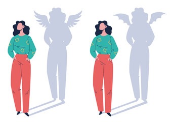 People character with devil angel shadow concept. Vector flat graphic design illustration