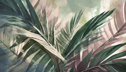 painting tropical simple, abstract, textured, shaded, palm leaves with touches of Faded colors