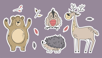 Forest animal woodland cute stickers wildlife collection concept. Vector flat graphic design illustration