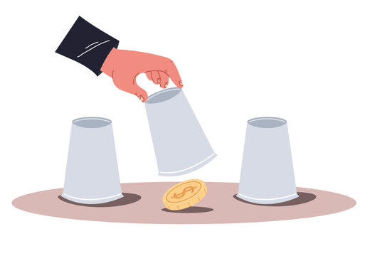 Winning guessing money game business safety trick hide strategy concept. Vector flat graphic design illustration