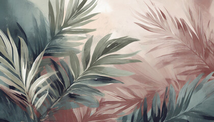 painting tropical simple, abstract, textured, shaded, palm leaves with touches of Faded colors