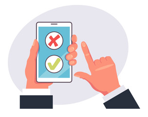 Hand hold smartphone with check mark device approve accept concept. Vector flat graphic design illustration
