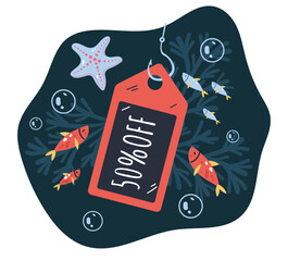 Fish sale discount special offer shopping promotion concept. Vector flat graphic design illustration 
