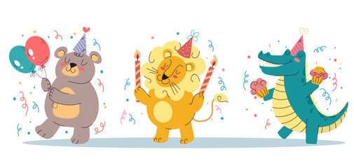 Birthday party cute jungle animals celebration isolated set. Vector flat graphic design illustration