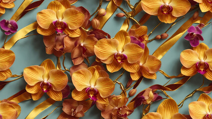 Seamless floral pattern for wall paper and print, colorful  golden orchid flower illustration as...