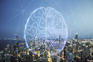 Virtual creative artificial Intelligence hologram with human brain sketch on Chicago cityscape background. Double exposure