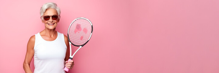 Elderly woman in a sports uniform holds tennis racket - obrazy, fototapety, plakaty