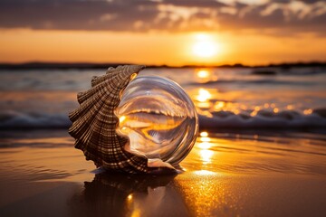 Gorgeous pearl in golden shell on a beach at sunset. Generative AI