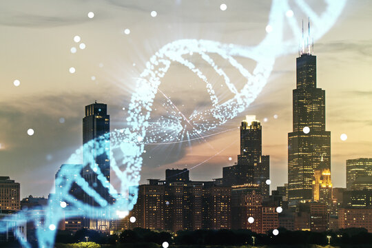 DNA hologram on Chicago cityscape background, science and biology concept. Multiexposure