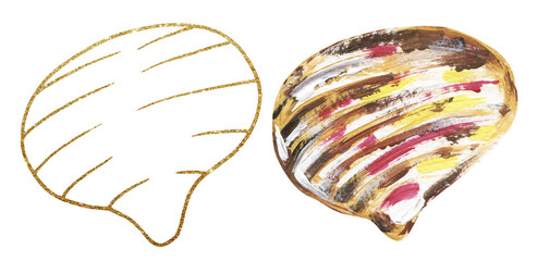 Acrylic hand painted sea shells  illustration, golden graphic liner shell clipart, ocean life clip art