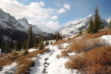 Fototapeta na wymiar Snowy trail through mountains. Generative AI