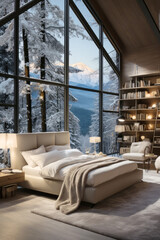 Cozy modern winter living room interior. Cozy house in the mountains