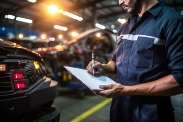 Man in work uniform takes notes on clipboard while inspecting mechanism in car repair shop.
