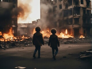 Innocent childrens playing game in front of buildings that have been bombed and are engulfed in flames.

