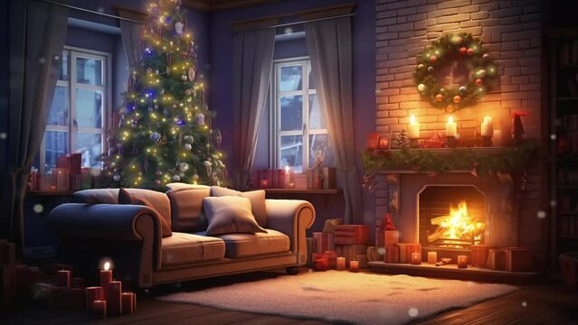Christmas, Living room with Christmas and New Year decorated interior. cartoon or anime watercolor illustration style looping video background