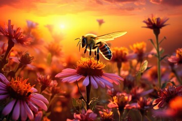 Une abeille en gros plan dans une magnifique prairie de fleurs colorées sous un beau coucher de soleil - obrazy, fototapety, plakaty